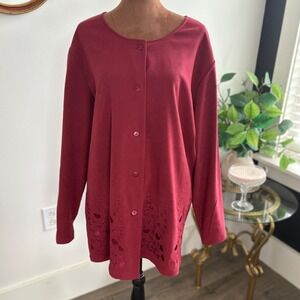 Jane‎ Ashley Woman 1X Red Embroidered Hearts Button Front Top Tunic Blouse